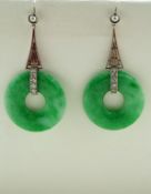 A pair of jadeite and diamond drop earrings,
