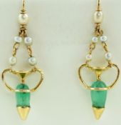 A pair of green hardstone and cultured pearl drop earrings, of amphora design,