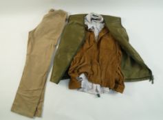 A leather and camouflage shooting vest and two Orvis shirts,