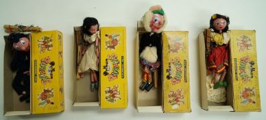 Four Pelham puppets in their original boxes of Mac Boozle, Ballet Girl,