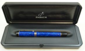 A Parker Duofold International fountain pen, lapis blue, medium 18 carat gold nib,