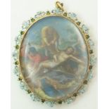 A Flemish miniature 16th century, of Christ being crucified, in an enamelled frame with glazed back,