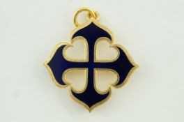 A blue enamel fancy shape cross pendant, 3.9cm long, 13.