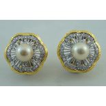 A pair of cultured pearl and diamond earrings, stamped '750',