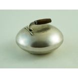 A novelty German curling stone inkwell, stamped '800', Crown and Crescent mark, 7.