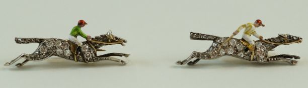 A pair of diamond and enamel horse and jockey brooches, the horses pave set with diamonds,