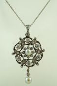 A Belle Epoque diamond and pearl pendant, the central pearl of approximately 6mm diameter,