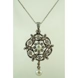 A Belle Epoque diamond and pearl pendant, the central pearl of approximately 6mm diameter,