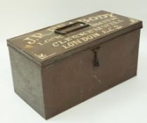 A painted tool box, the hinged cover with "J. R. Peabody, Locksmith, Clerkenwell, London E.C.