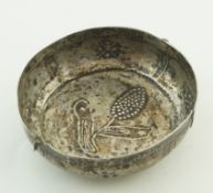 A white metal bowl, inscribed TM over AC 1674, 9cm diameter,