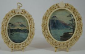 Two late 19th century Chinese ivory carved frames, each of oval form with easel stand on two feet,