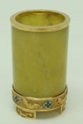 A silver gilt and enamel mounted spill vase, of cylindrical form,
