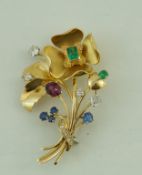 A 1950s ruby, emerald, sapphire and diamond flower spray brooch, of wire work construction, 5.