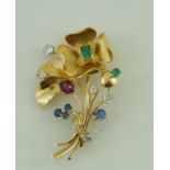 A 1950s ruby, emerald, sapphire and diamond flower spray brooch, of wire work construction, 5.