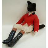 A Casa Roma stuffed toy in the form of a fox with patent black boots and wearing a pink hunting