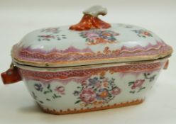 A small 18th century Chinese porcelain rectangular two handled tureen decorated in famille rose
