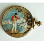 An early 19th century miniature, The Sailors Return, watercolour on ivory, in gilt metal case, 4.