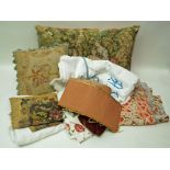Two French sheets, a small quantity of Givenchy fabric, a woolwork cushion with flowers,