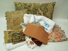 Two French sheets, a small quantity of Givenchy fabric, a woolwork cushion with flowers,