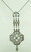 An ornate Art Deco style diamond chandelier pendant, on a chain, the overall length of pendant 5.