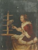 Continental school, mid 19th century 
Study of a young girl and her parrot
Oil on panel
23cm x 18cm,