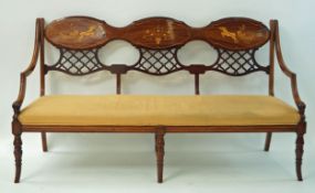 A rosewood and marquetry three seat sofa with stuff over seat and turned legs,