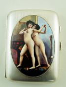 A silver cigarette case, with a later resin panel of two naked female figures, 106g (3.