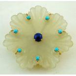 A hardstone carved brooch in the form of a flower, set with turquoise and lapis lazuli,