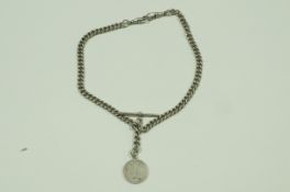 A silver double watch chain, of solid uniform curb links, with two swivels and a T bar,