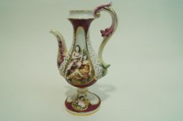 A Capodimonte ewer moulded with figures 43.5 cm high and a small ewer 12.