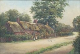 English school, 19th century Mother and child outside a thatched cottage Oil on canvas 35.