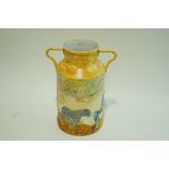 A two handled milk churn with applied relief prints of lions and elephants in a painted landscape,