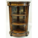 Victorian walnut bow fronted standing corner shelves with mirrored back and gilt metal mounts