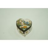 A Dutch Delft heart shaped box and cover painted with a lady in a landscape with metal mounts 7cm