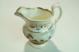 A Staffordshire porcelain jug, painted with village landscapes circa 1840,