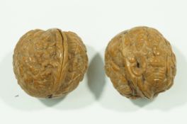 Two 19th century Japanese carvings on a natural walnut shell,