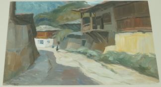 Mitancal Balkan village street scene Oil on canvas Signed and dated 1922 lower left 35cm x 49cm