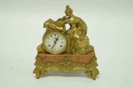 An early 20th century German mantel clock with enamel dial, brass and marble case, 34cm high,