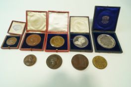 A collection of eight various medals and coins to include large coins from the Pharmaceutical