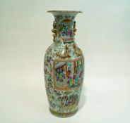 A large Canton enamel celadon vase with two gilded handles and applied gilded dragons 64 cm high