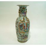 A large Canton enamel celadon vase with two gilded handles and applied gilded dragons 64 cm high