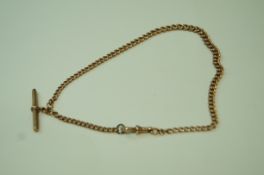 A 9ct gold watch chain, of graduated solid curb links, with a T bar and a swivel, 40 cm long, 28.