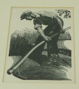 20th century Farmer with a scythe Wood cut 29cm x 13cm