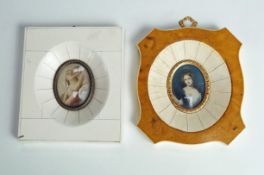An early 20th century miniature in piano key style frame, 10.5cm x 9.5cm and another similar. 10.