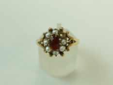 A 9ct gold garnet and cultured pearl cluster ring, 2.