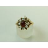 A 9ct gold garnet and cultured pearl cluster ring, 2.