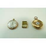 An anonymous half hunter pocket watch, stamped '14K', enamel dial,