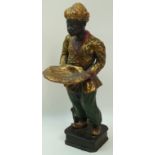 A resin Venetian style figure of a moor standing holding a shell shaped dish on plinth base,