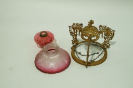 A Victorian hanging oil lamp with tinted, etched glass shade and cranberry oil reservoir, 24.