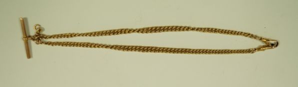 A watch chain, stamped '9c', of graduated hollow curb links, with a T bar and two swivels, 36.